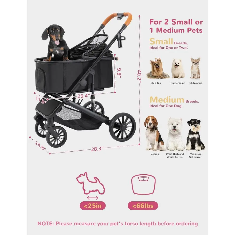 Carrinho dobrável para animais de estimação de 4 rodas para cães pequenos a médios de até 60 libras, transportador removível, adequado para 2 animais de estimação, cesta de armazenamento, brea