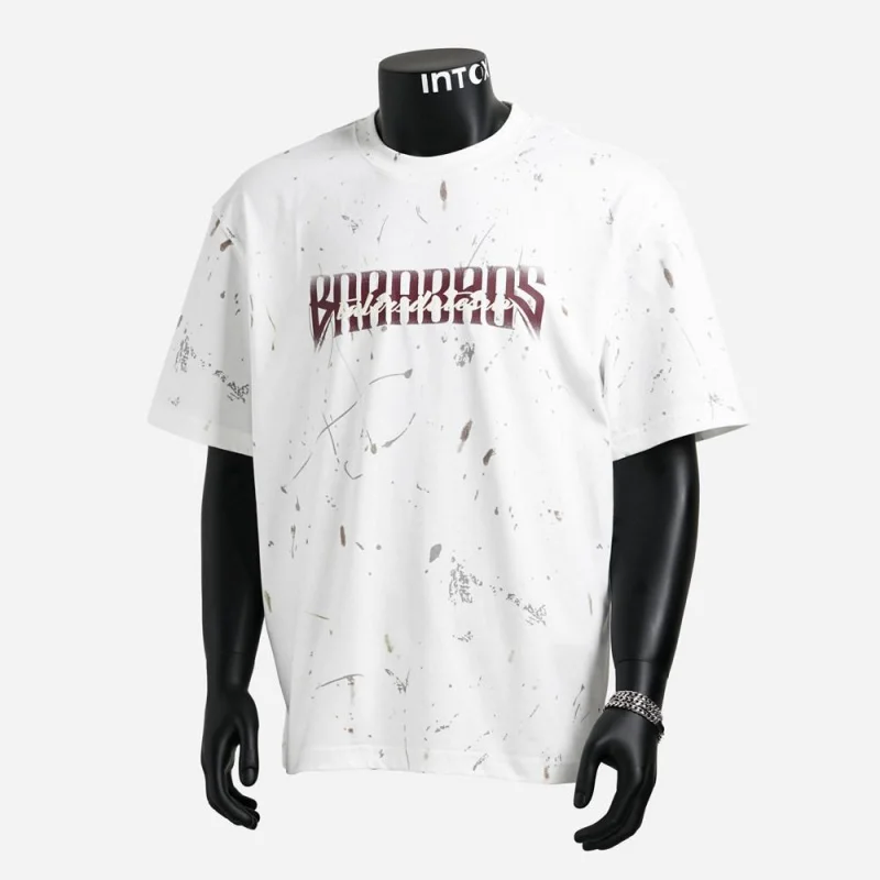 Men's T-Shirt with Splash Ink Letter Print, Loose Round Neck, Vintage Korean American Style, Casual for Summer Daily Wear