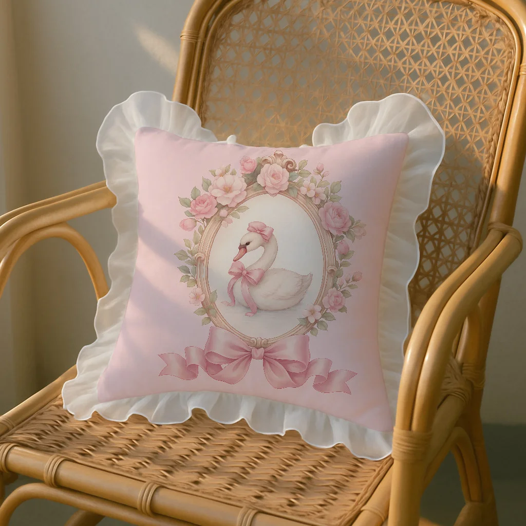 French Style Washed Cotton Pillow Leaf Lace Sofa Hug Pillow Cushion Window Pillowcase Swan Pattern Creativity Home Decoration