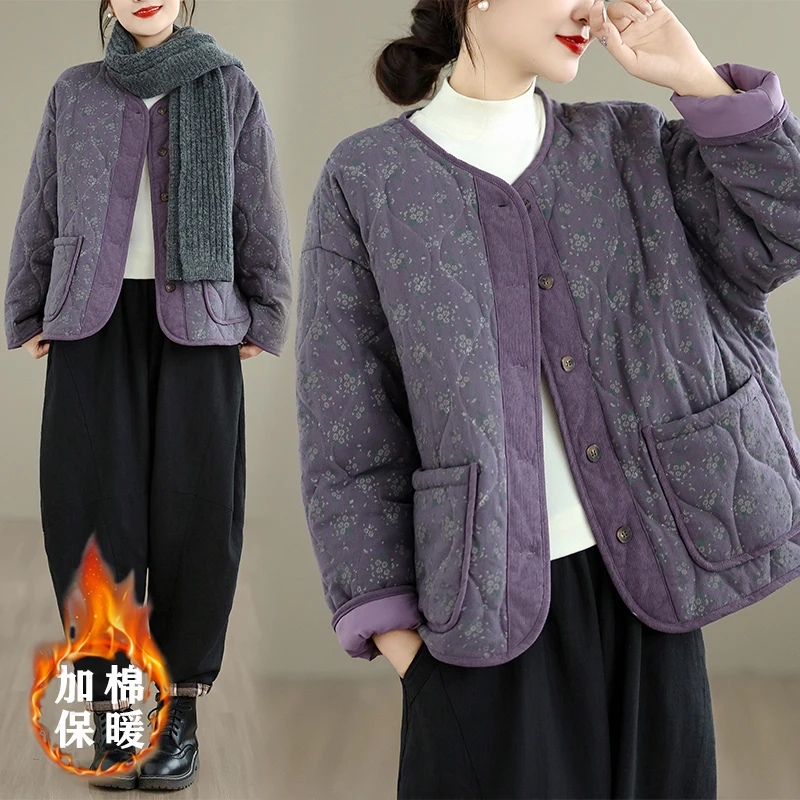 

Forest style artistic floral cotton jacket women's winter new cotton clip thickened warm and loose cardigan cotton coat