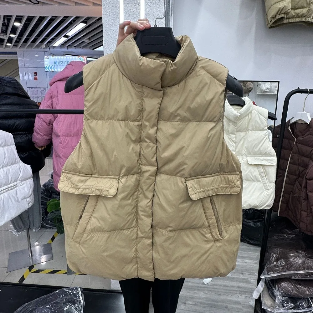 2024 Autumn Winter New Women White Duck Down Vest Sleeveless Jacket Waistcoat Gilet Stand Collar Casual Fashion Korean Style