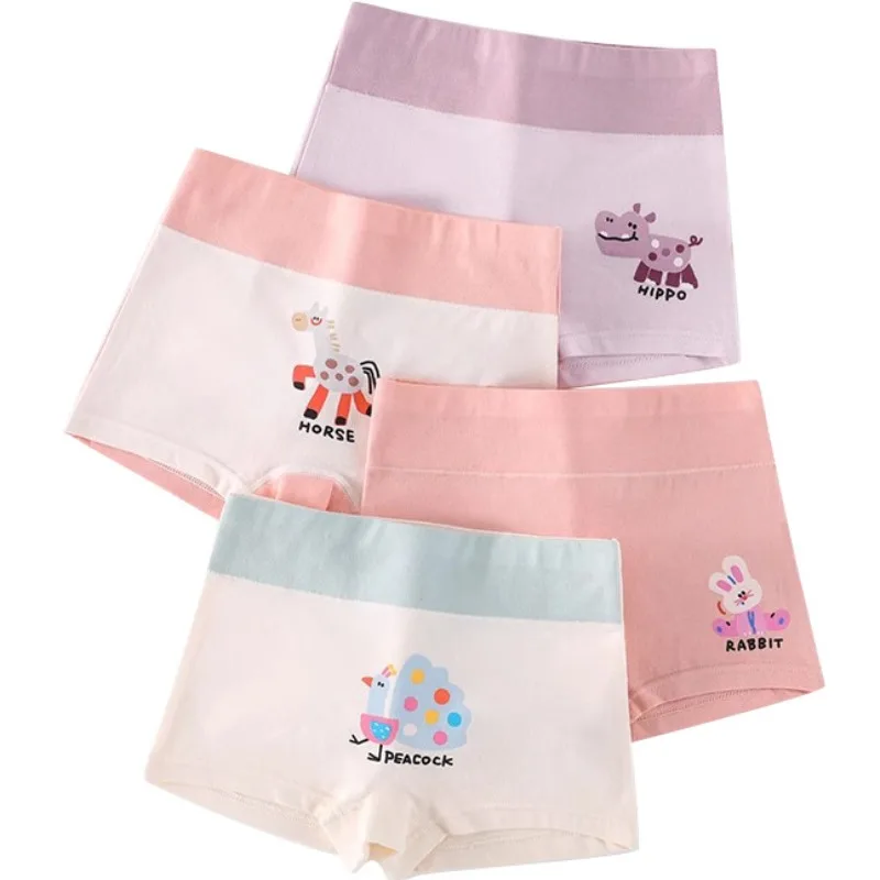 4PCS Girls High Waist Cotton Panties Kid Thin Breathable Soft Antibacterial Knickers Cute Print Briefs 3+y Young Child Underwear