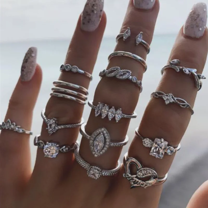 15pcs Bohemian Style Ladies Metal Joint Ring Set Leaves Fashion Crystal Water Droplets Rings Wedding Party Jewelry Gift