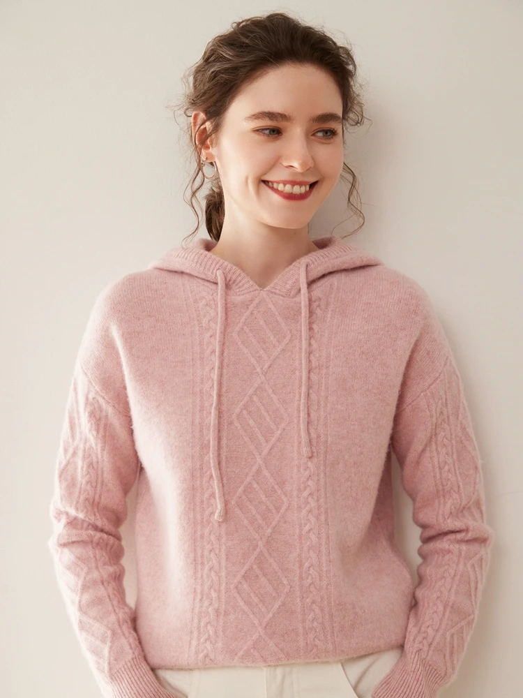 100% カシミヤ女性のパーカーソフトハイエンドシンプルカジュアル秋冬厚く暖かいニットフード付きプルオーバー