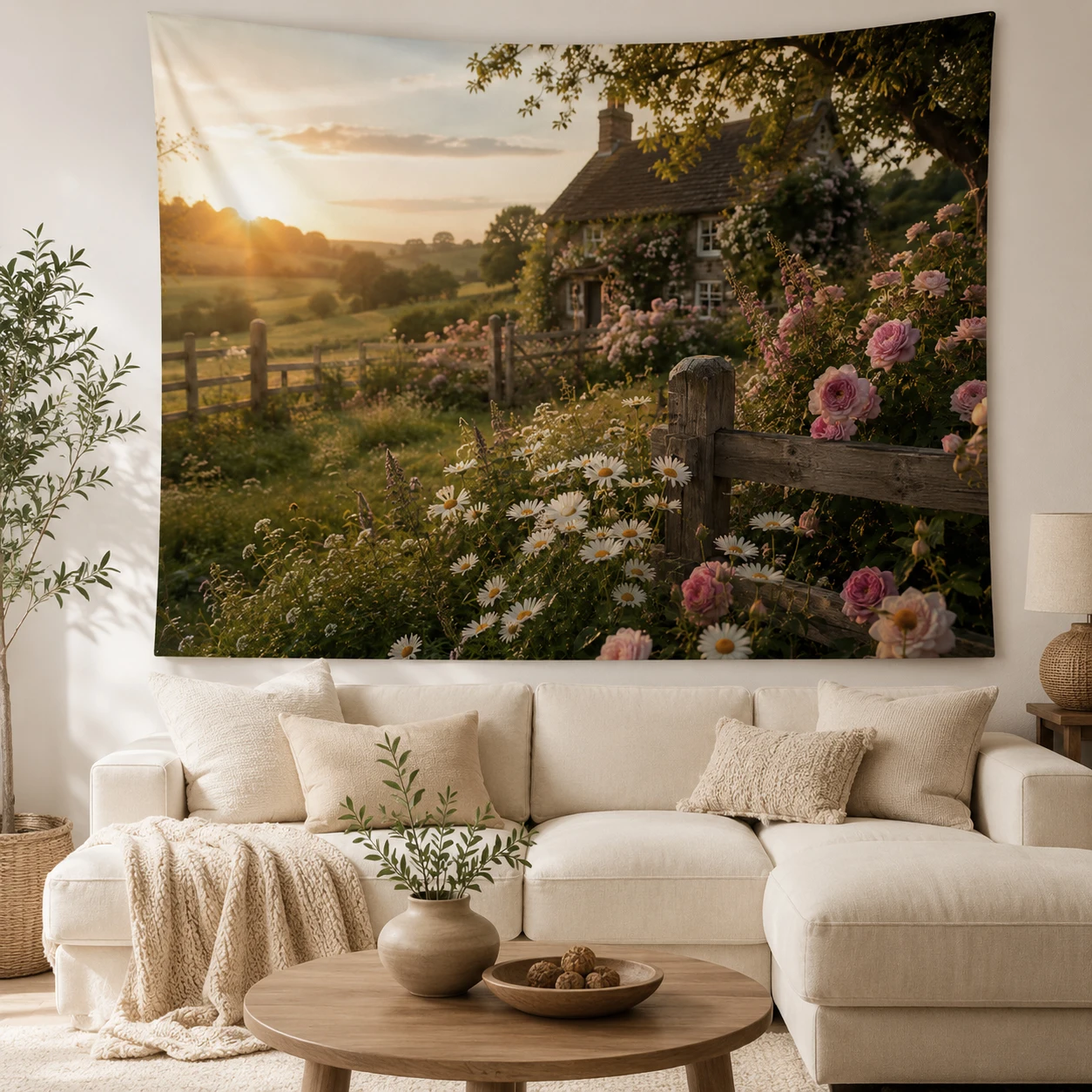 Vintage Country Cottage Tapestry Floral Garden Landscape Wall Tapestry Aesthetic Bedroom Living Room Decoration Fabric Banner