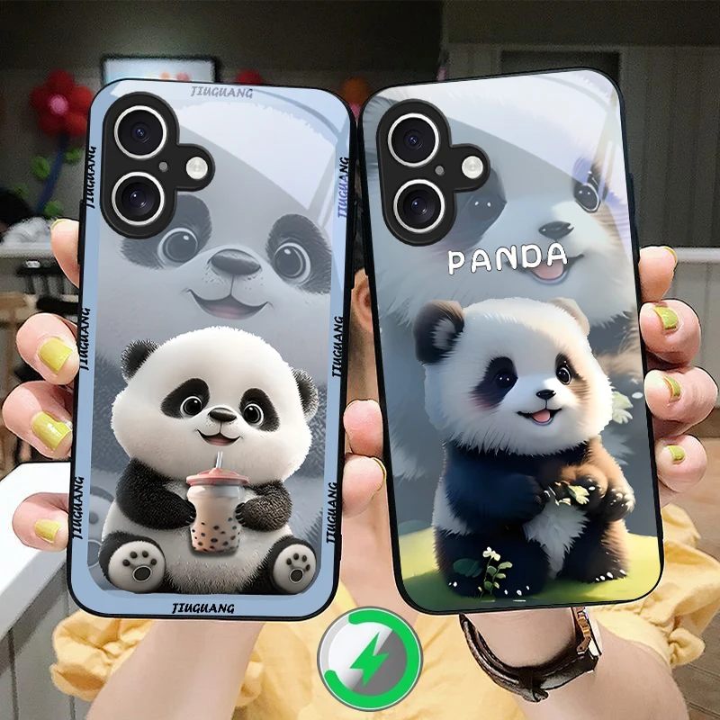 Q-version milk tea panda Suitable For iPhone 16 17 Pro Max 15 Pro 14 13 Plus 12 mini 11 16 Air 17Pro magnetism Glass Phone Case