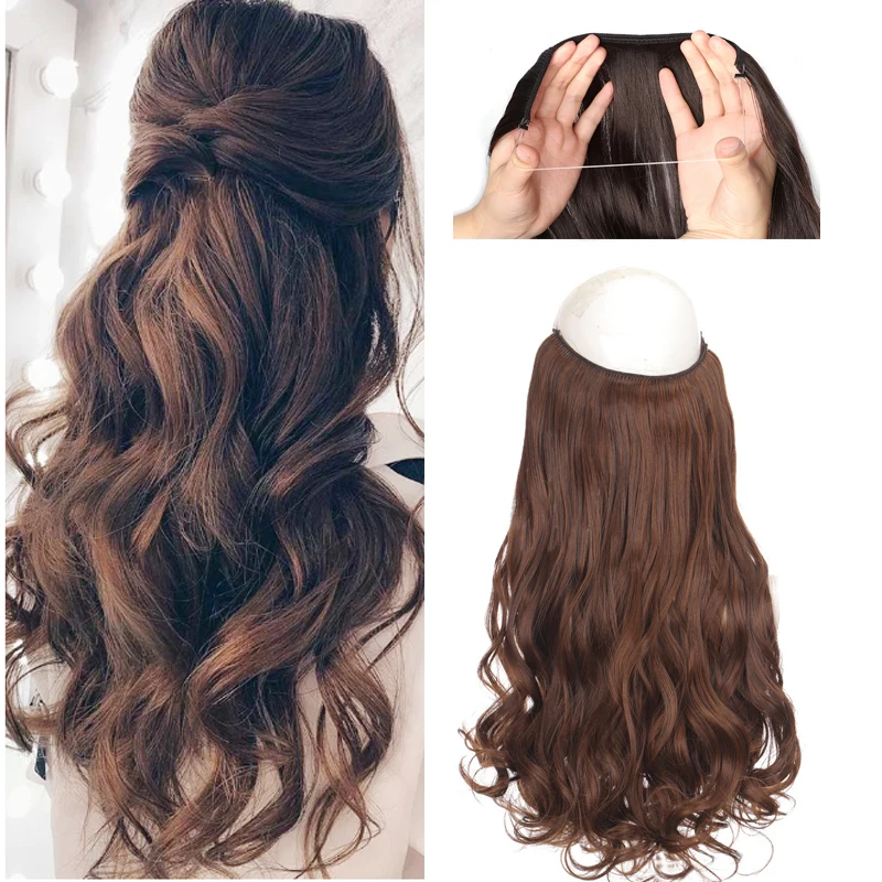 Synthetic Long Gray Blonde Hair Hairpieces Extension Fish Line Invisible Wavy Halo Hair Extensions for Women