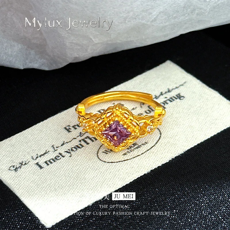 Mylux Jewelry 24K real gold light luxury medieval style design lace purple star dot diamond ring  9999 white purple gem movable