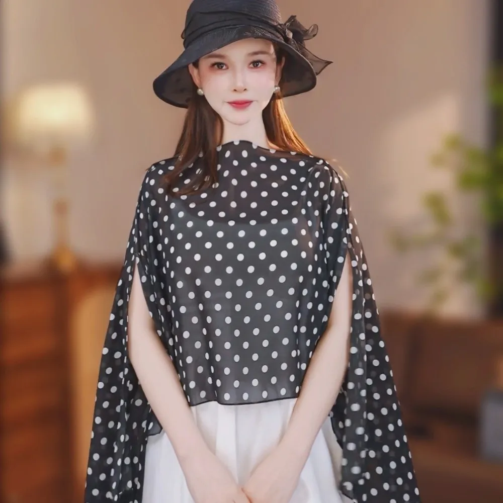 Casual Mesh Transparent Sunscreen Cover-up Polka Dot Cloak Pullover Cover Shirt Loose Fit Elegant Beach Cover-Up Outdoor