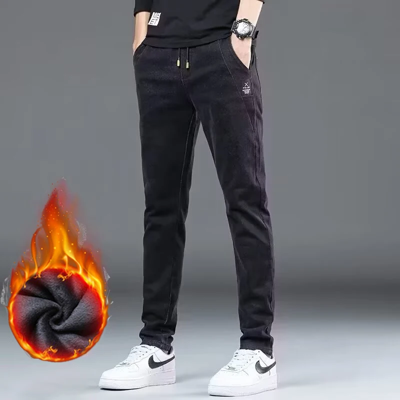 

Мужские зимние теплые плюшевые джинсы, мужские утолщенные джинсовые брюки на флисовой подкладке, удобные классические повседневные официальные брюки