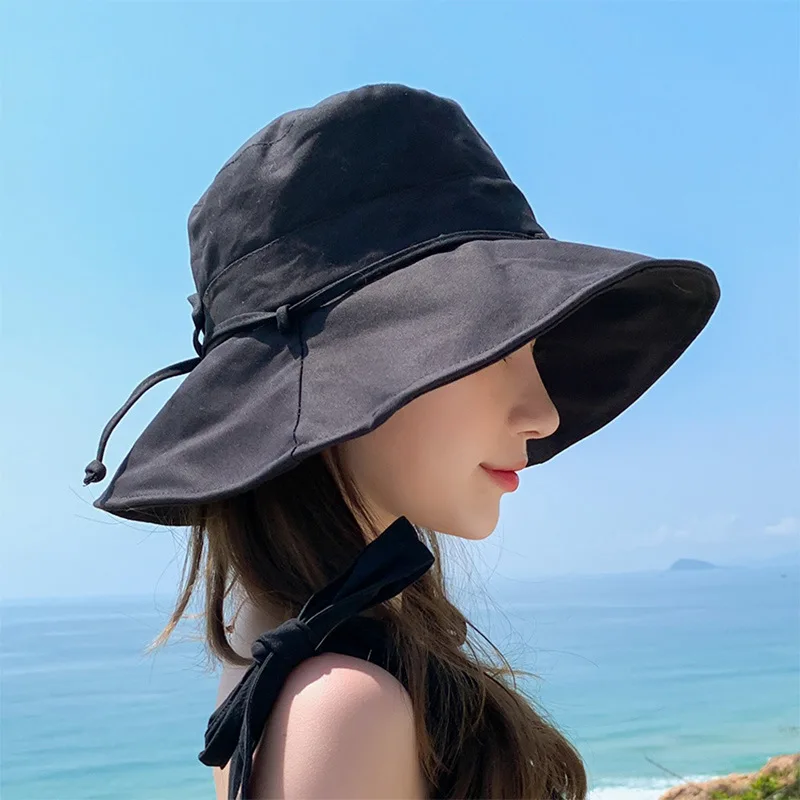 Summer New Women Bucket Hat Solid Color Bows Soft Cotton Outdoor Sun Hats Beach Panama Caps Wide Brim Fishermen Hats