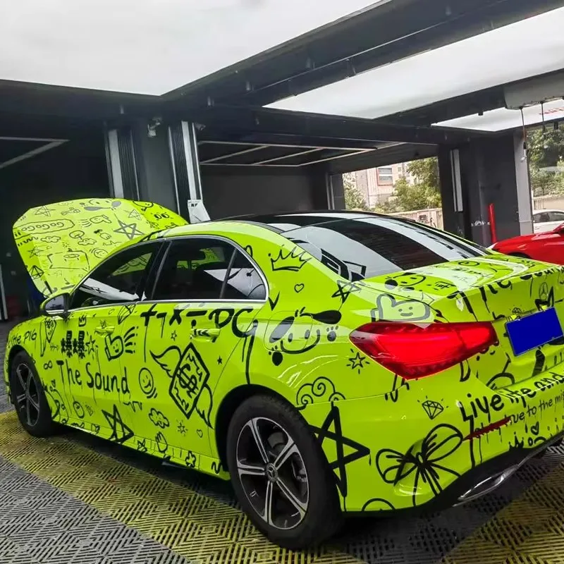 Custom Design Whole Car Body Printed PET Super Glossy Green Doodle Vinyl Car Sticker Anti-Scratch Vehicle Vinyl Wrap