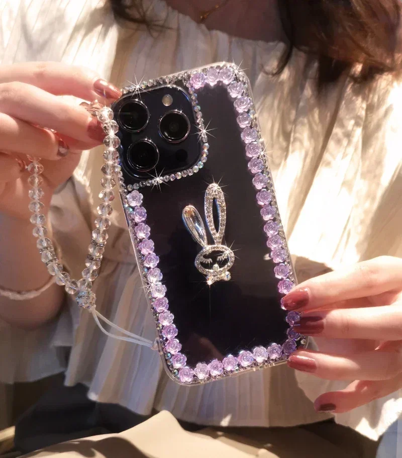 Cute Rhinestone Rabbit Phone Case For Xiaomi Redmi 9A 9C Note8 9Pro Note10S Note11 Pro 12Pro Capa Crystal Flowers Clear Cover