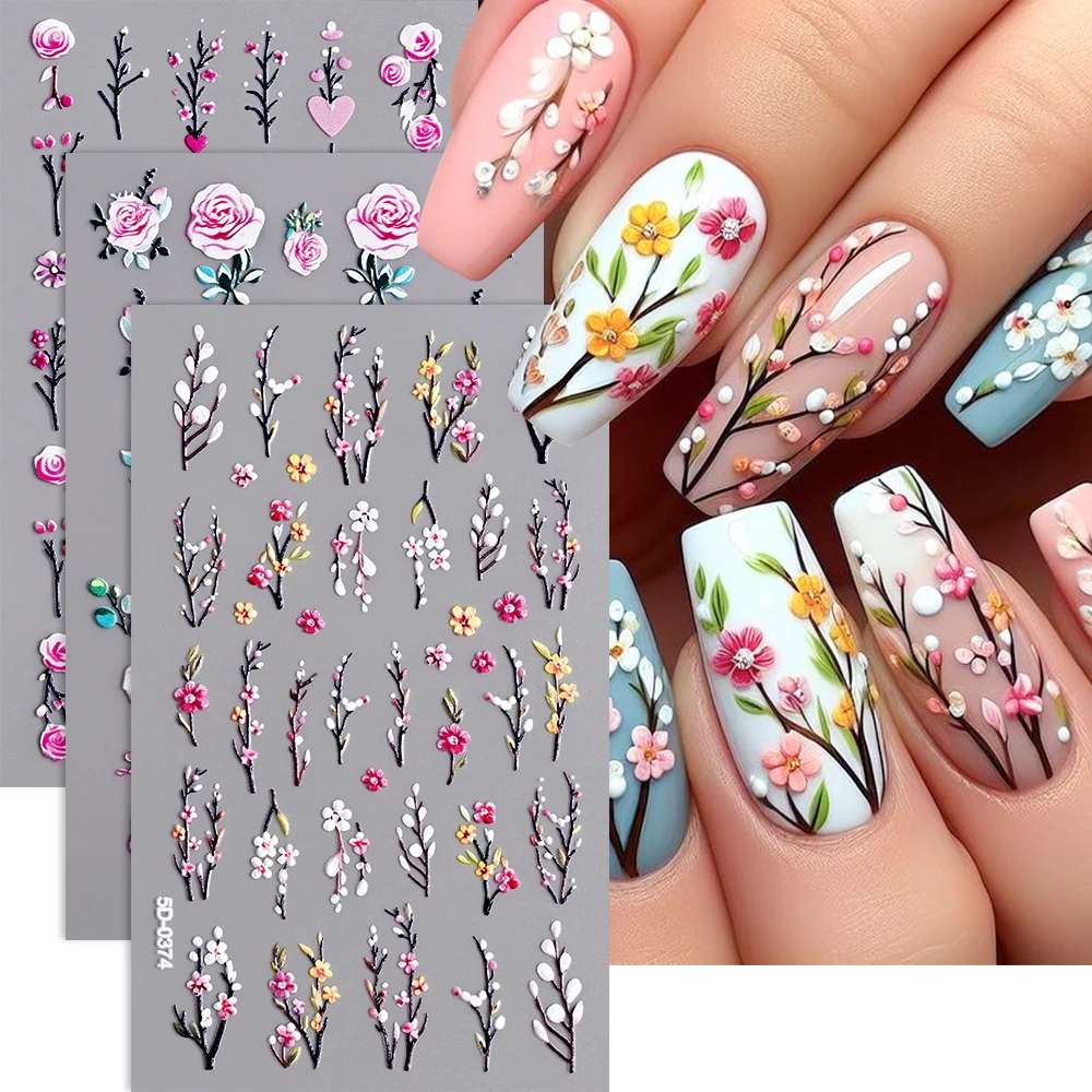 1Pc 5D Lavender Flowers Stickers for Nails Spring Sakura Floral Leaves Self-Adhesive Sliders Decals Manicure Nail Art Decoration