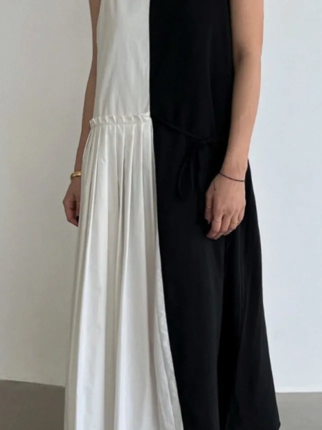 Summer 2025 Women's V-Ne Slimming Waist ter Dr Holiday Long Skirt Splice Design Commute Sle No-Sve Gauze Material