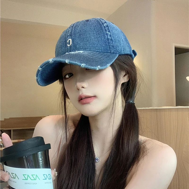 Street Retro Ripped Leisure Denim Baseball Cap Female Summer Korean Style Embroidered Peaked Cap Male