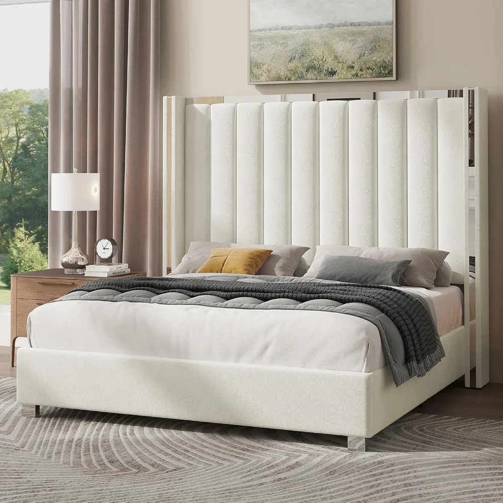 Large Bed Frame with 58 Inch High Headboard, Platform Velvet Cushioned Bed with Channel Tufted Wing Back Headboard