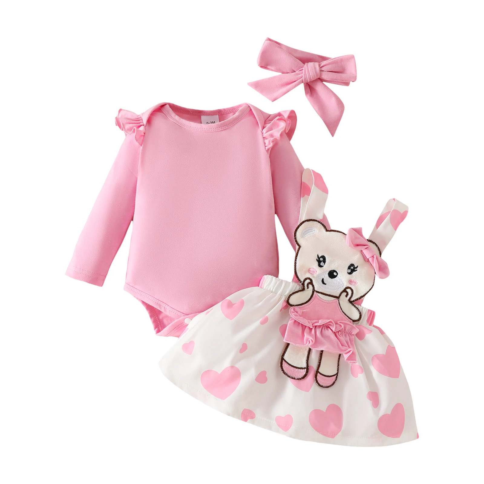 

Packs of Clothes Baby Pure Color Long Sleeve Shirt Love Print Bow Bear Embroidered Strap Skirt Girls Set Baby Girl Water Clothes