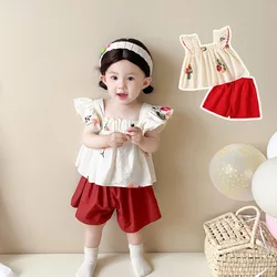 (0-3 Years Old) Girl Baby Set Summer Cotton Floral Small Flying Sleeve Top And Shorts Set Beach Two-Piece Set For Kids Girl