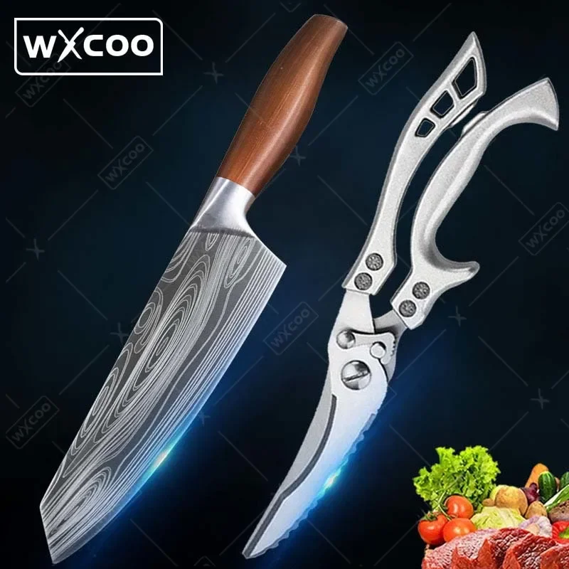 

2 Pcs,Boning Knife Chef Knife Handmade Cooking Knife Cleaver Fish Knife Multipurpose Knife Chicken Kitchen Scissors