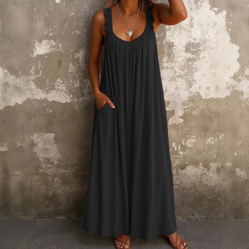 2025 Nuovo abito casual da donna - Abito maxi a strati con spalline e scollo a U con vita smockata in più colori