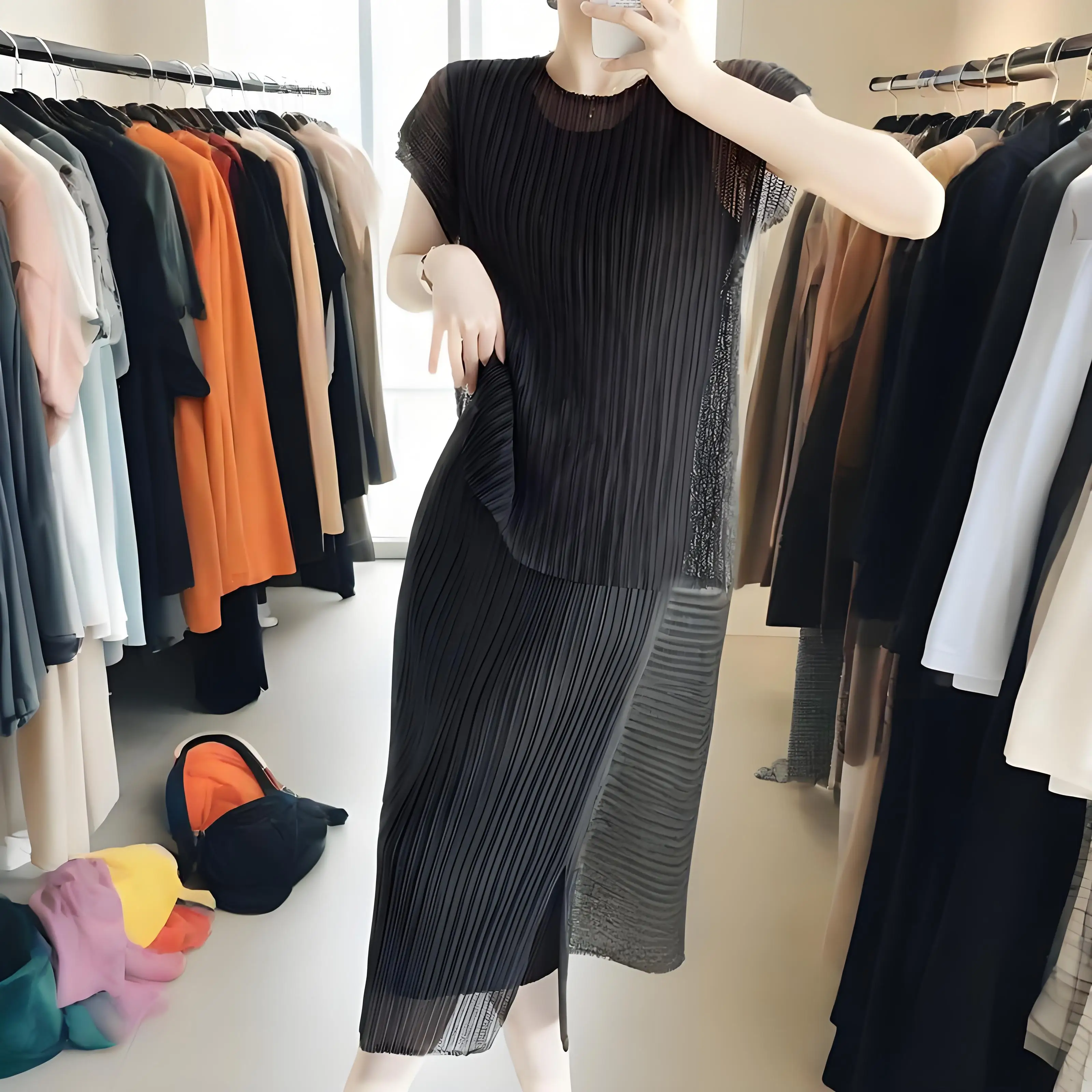 

Miyake Pleated 2025 New Temperament Mesh Pleated Suit Thin Temperament Blouse Short-sleeved Bustier Large Size Women's Clothing