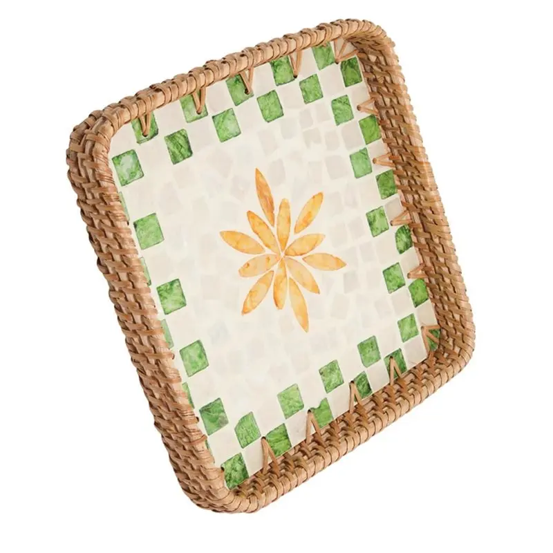 AB34-Rattan Serving Tray With Mother Of Pearl Inlay, Handmade Square Woven Storage Basket Decorative Tray