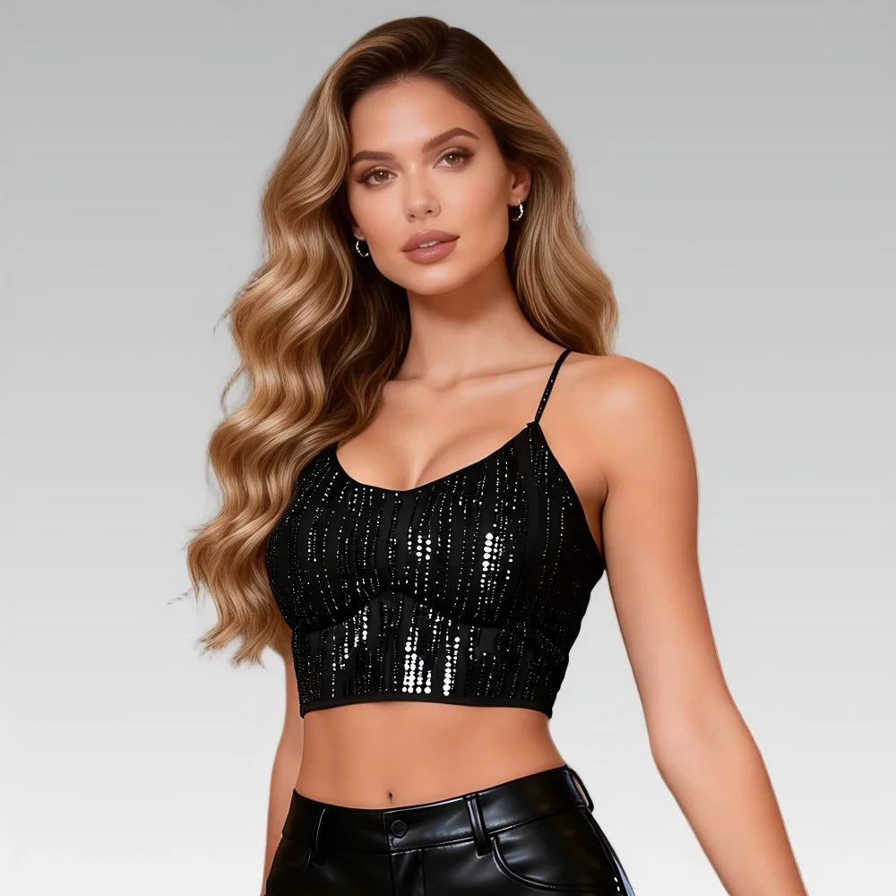Black Rhinestone Camisole for Women Sexy Slim Fit Seamless Backless Short Top Night Out Clubwear