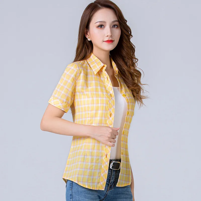 Camisa de manga corta a cuadros para mujer, blusa informal de algodón, ropa fresca de verano, 2024