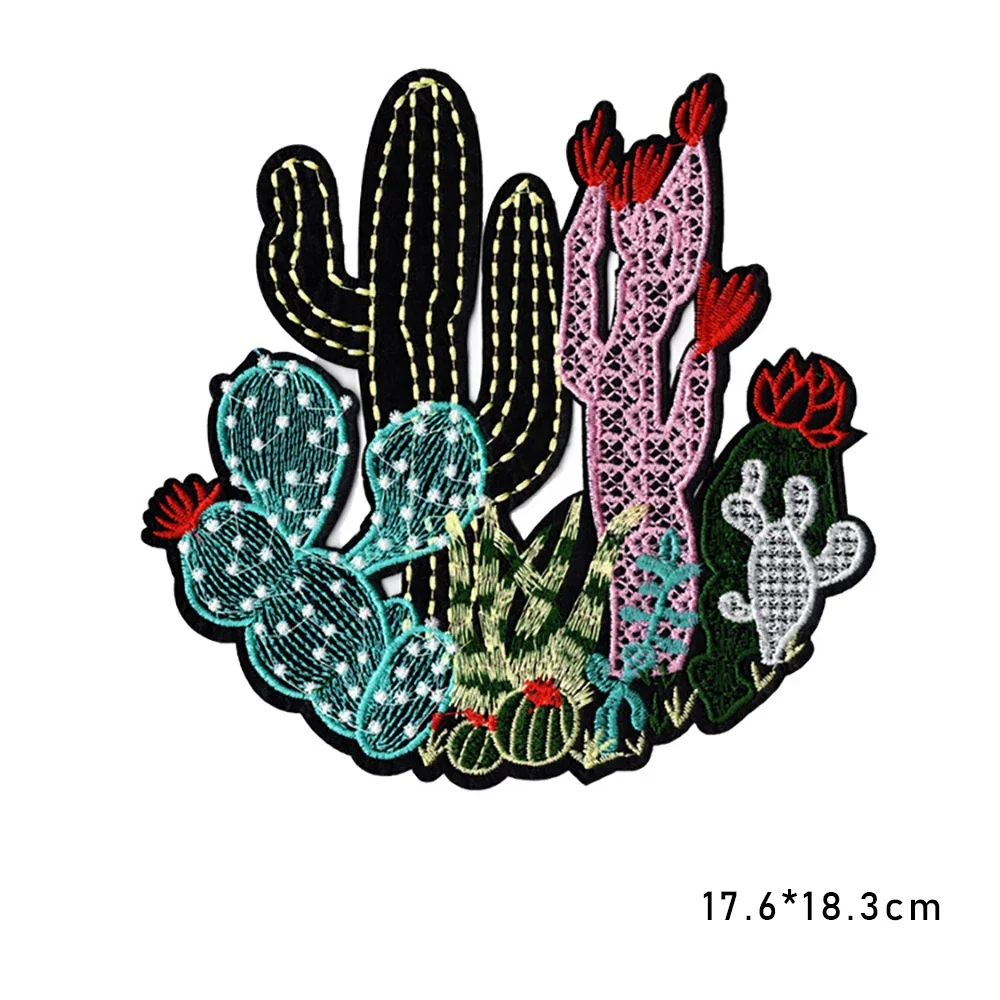 New Large Cartoon Patch Cactus Flower Embroidery Cloth Sticker DIY Clothes Patch Hole Badge Iron on Transfers for Clothing