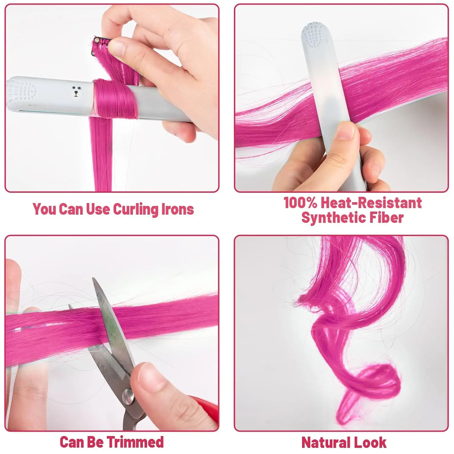 6 قطع من وصلات الشعر باللون الأحمر الوردي، وصلات ملونة للحفلات للأطفال والبنات قطعة شعر صناعية مستقيمة 22 بوصة