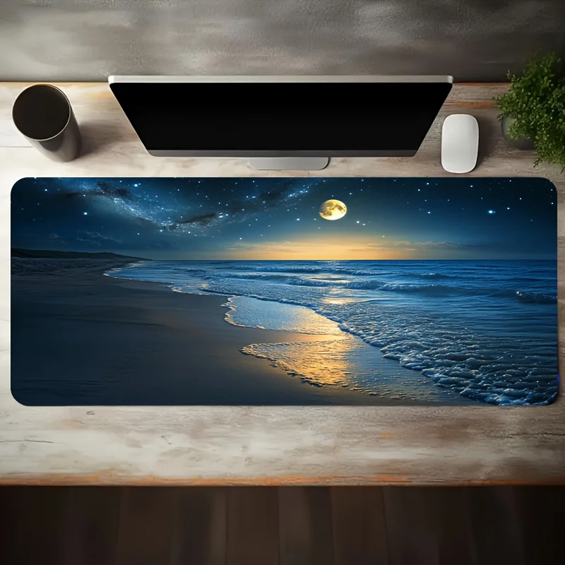 1pc Large Esports Gaming Mouse Pad, Moonlit Beach Starry Sky Seascape Pattern, Non-Slip Washable Rbber Base