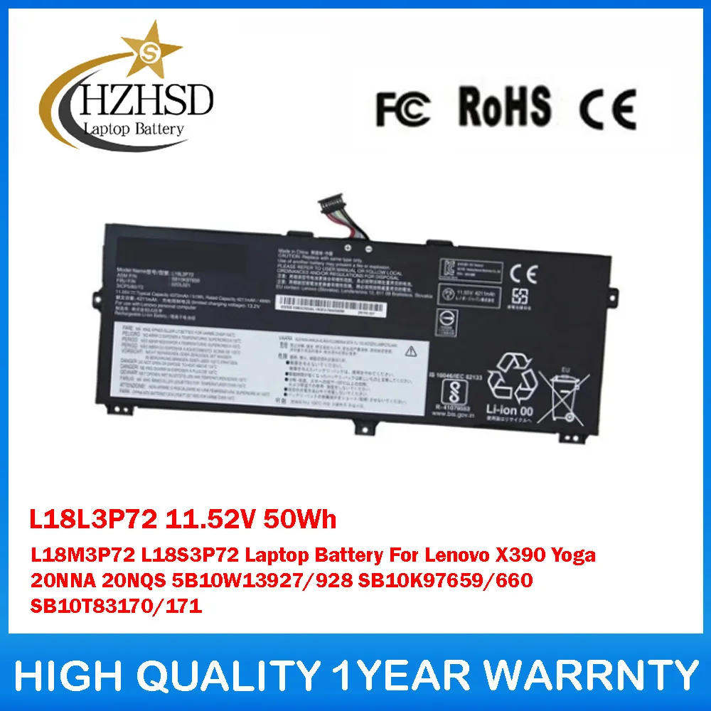 

L18L3P72 11,52 В 50 Втч L18M3P72 L18S3P72 Аккумулятор для ноутбука Lenovo X390 Yoga 20NNA 20NQS 5B10W13927/928 SB10K97659/660 SB10T83170