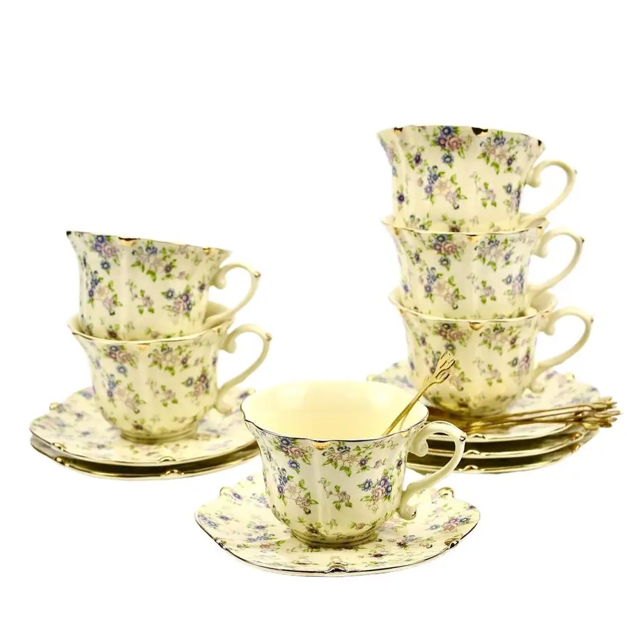 

Country Roses 18 Peices Bone China Tea Cup And Saucer Set, English Vintage Tea Cups Of 6 For Women And Tea Party Setsyellow,6 Se