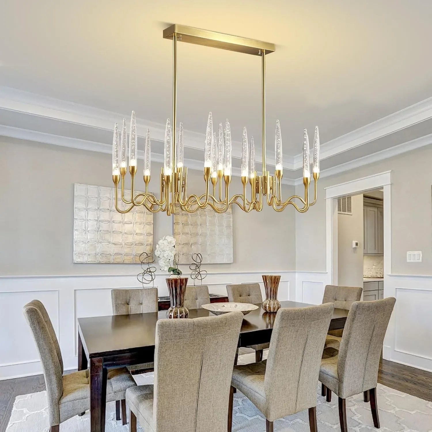 

Luxury Gold Crystal Candle Chandelier Light Over Dining Living Room Kitchen Table Long Crystal Candelabra Ceiling Chandelier