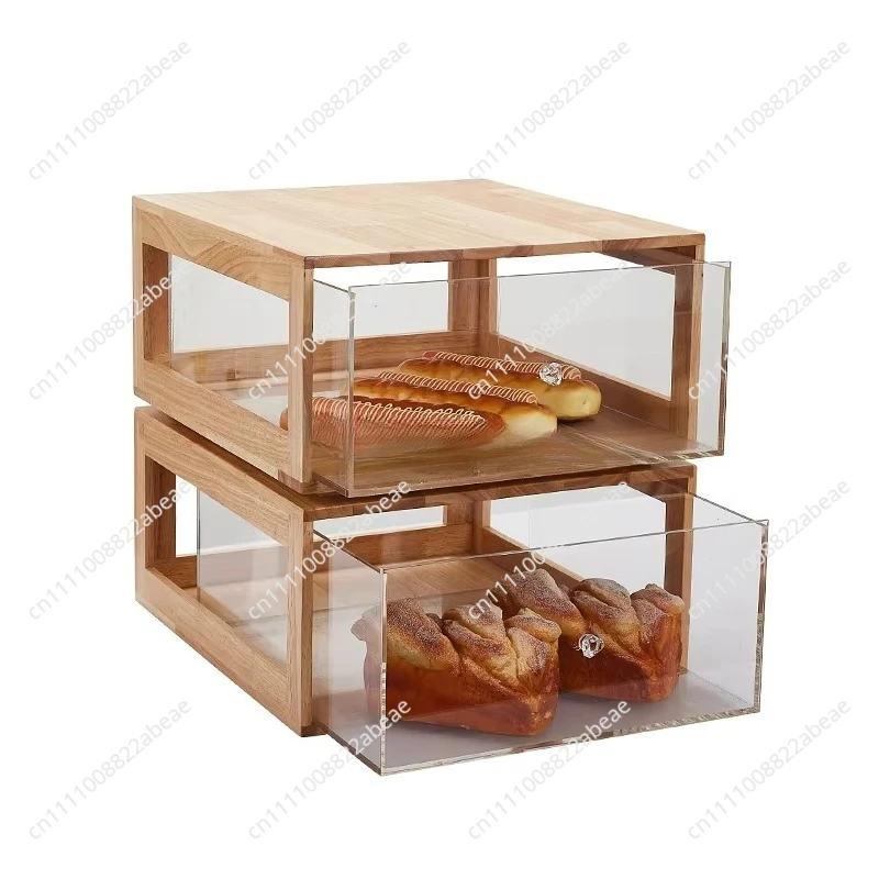 Drawer type bread storage box 2 layers bamboo bread box cake stand kitchen counter wooden frame display dessert carton