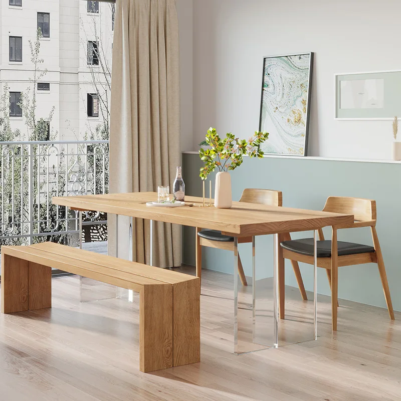 acrylic solid wood dining table, rectangular living room transparent table foot table, log workbench large board table