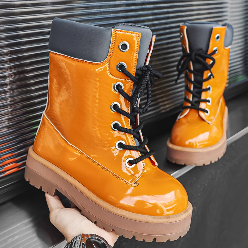 

Original Yellow Leather Boots For Man Biker Boots Lace-up High Top Platform Boots Men Fashion Design Men's Boots botas de hombre