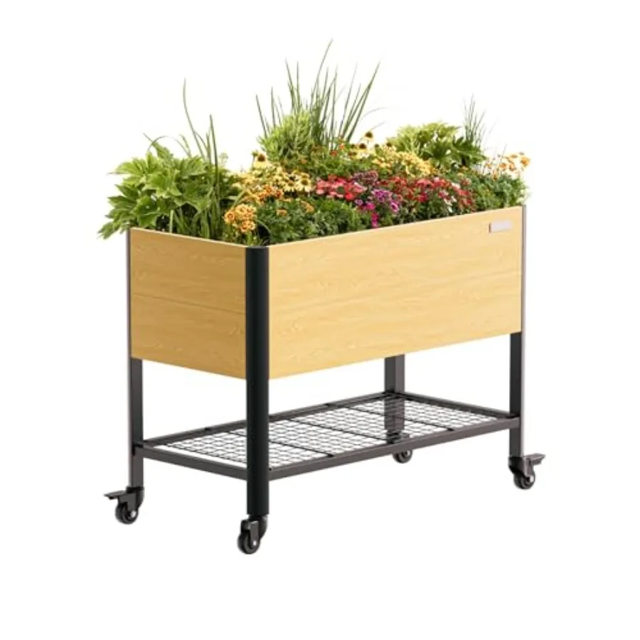 Outdoor gardening: metal woodgrain elevated planter box with legs storage rack, brown, 1000 lbs capacity, for herbs, flowers, v
