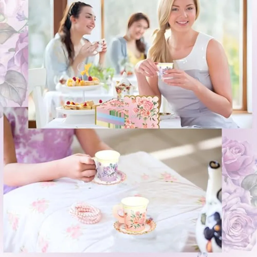 40セットの花柄ティーカップとソーサー、使い捨てティーパーティー用品、カラフルな花柄ティーカップ（ハンドル付き）、ペーパーナプキン、食器
