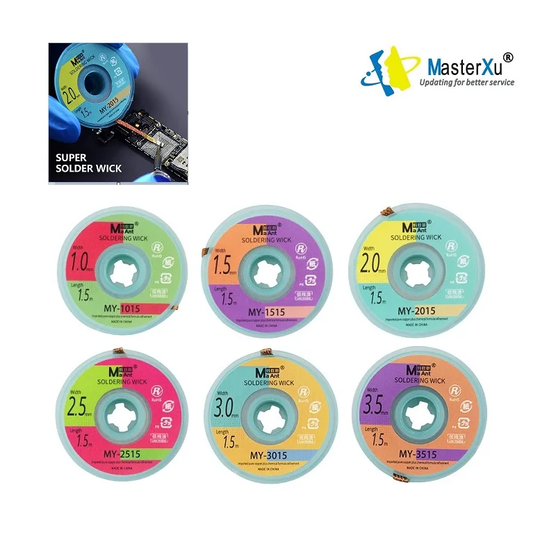 

Оплетка для удаления припоя MaAnt, ширина 1,0 мм, 1,5 мм, 2 мм, 2,5 мм, 3 мм, 3,5 мм, фитиль для сварки и припоя, инструмент для ремонта BGA с высоким потоком, 1,5 м