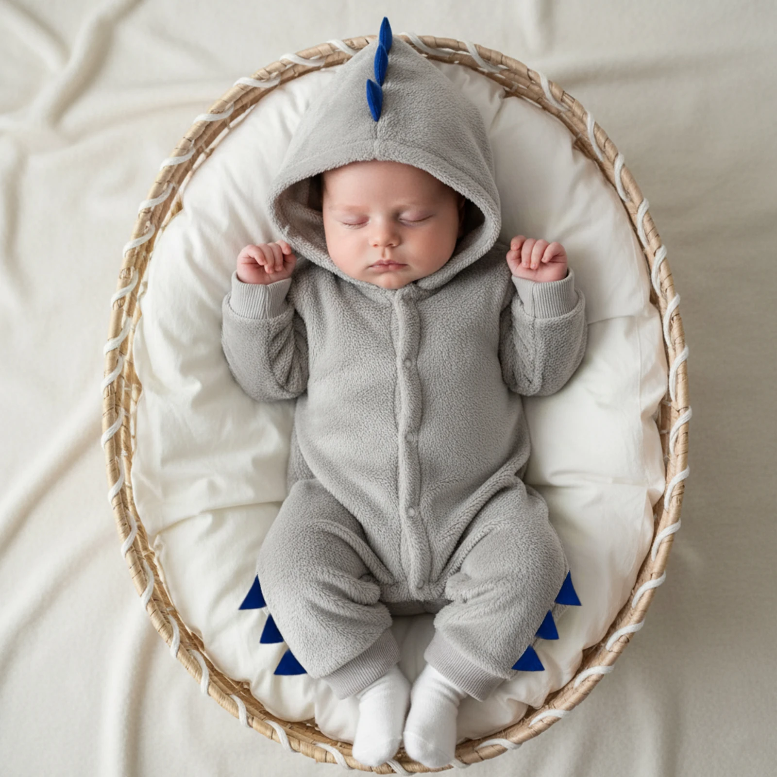 Winter Baby Boy Dinosaur Romper Cute Fashionable Contrast Color Long Sleeve Hooded Jumpsuits Baby Warm Fuzzy Playsuits