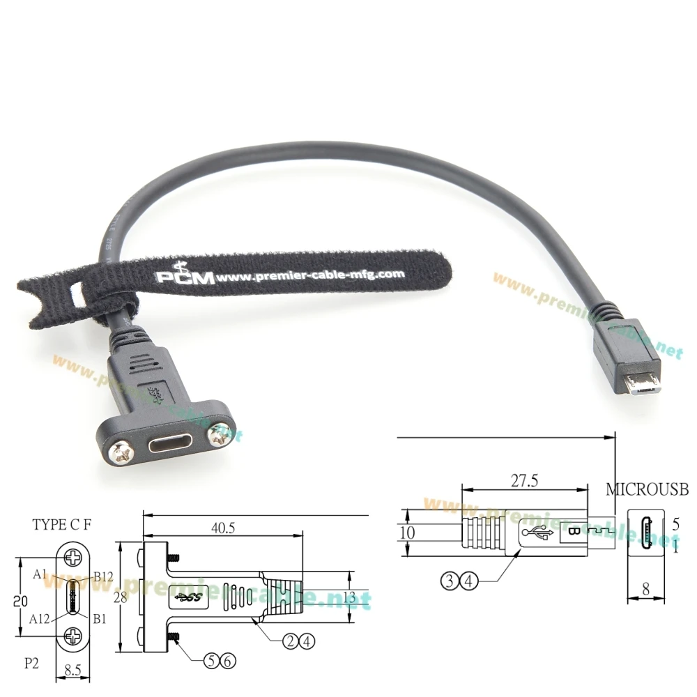 ネジパネルマウント USB 3.1 Gen 2 Type-C - Micro USB 2.0 延長ケーブル Micro B オス - USB C メス 充電およびデータケーブル