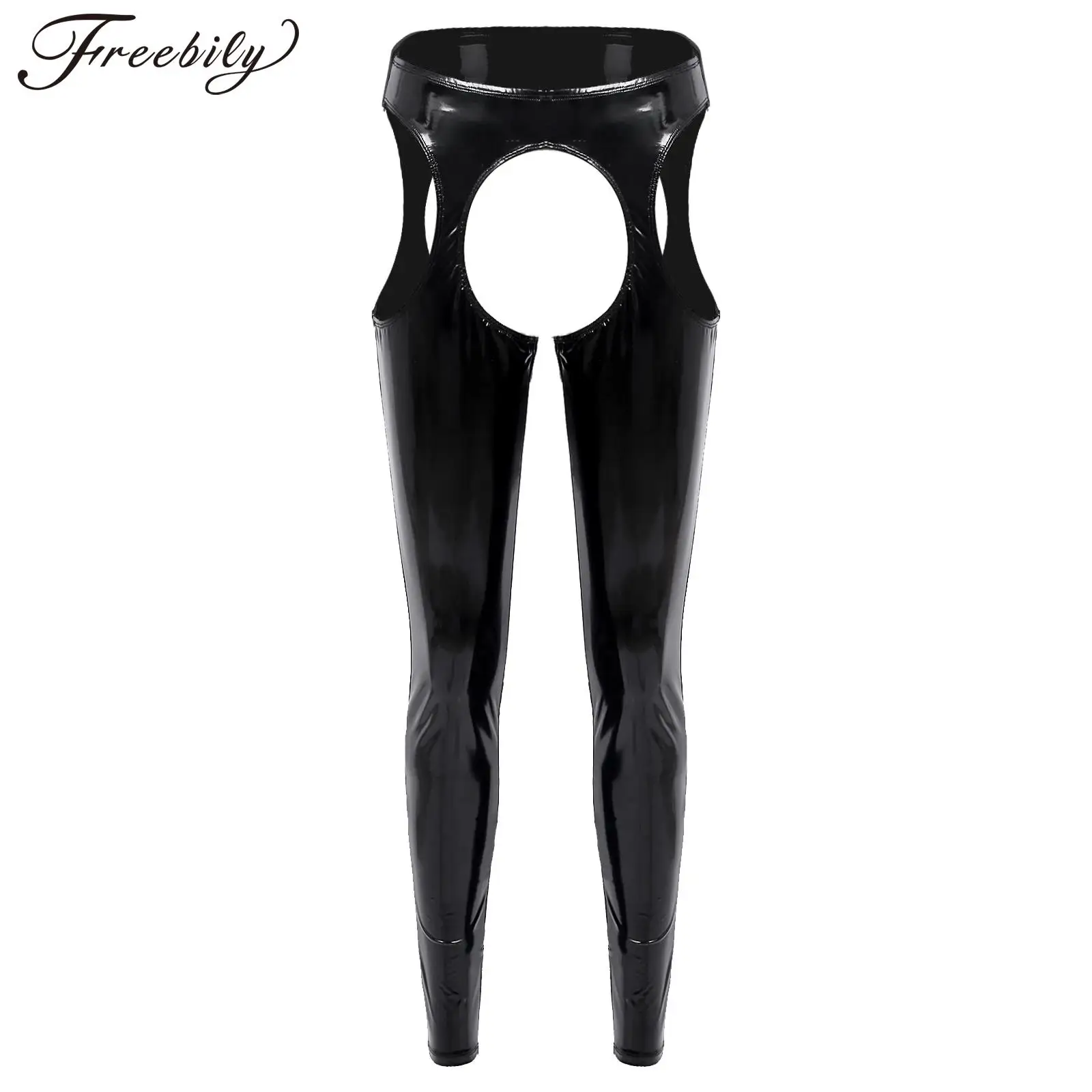 

Womens PVC Leather Wet Look High Waist Cutout Leggings Sexy Crotchless Open Butt Patent Leather Skinny Pants Clubwear