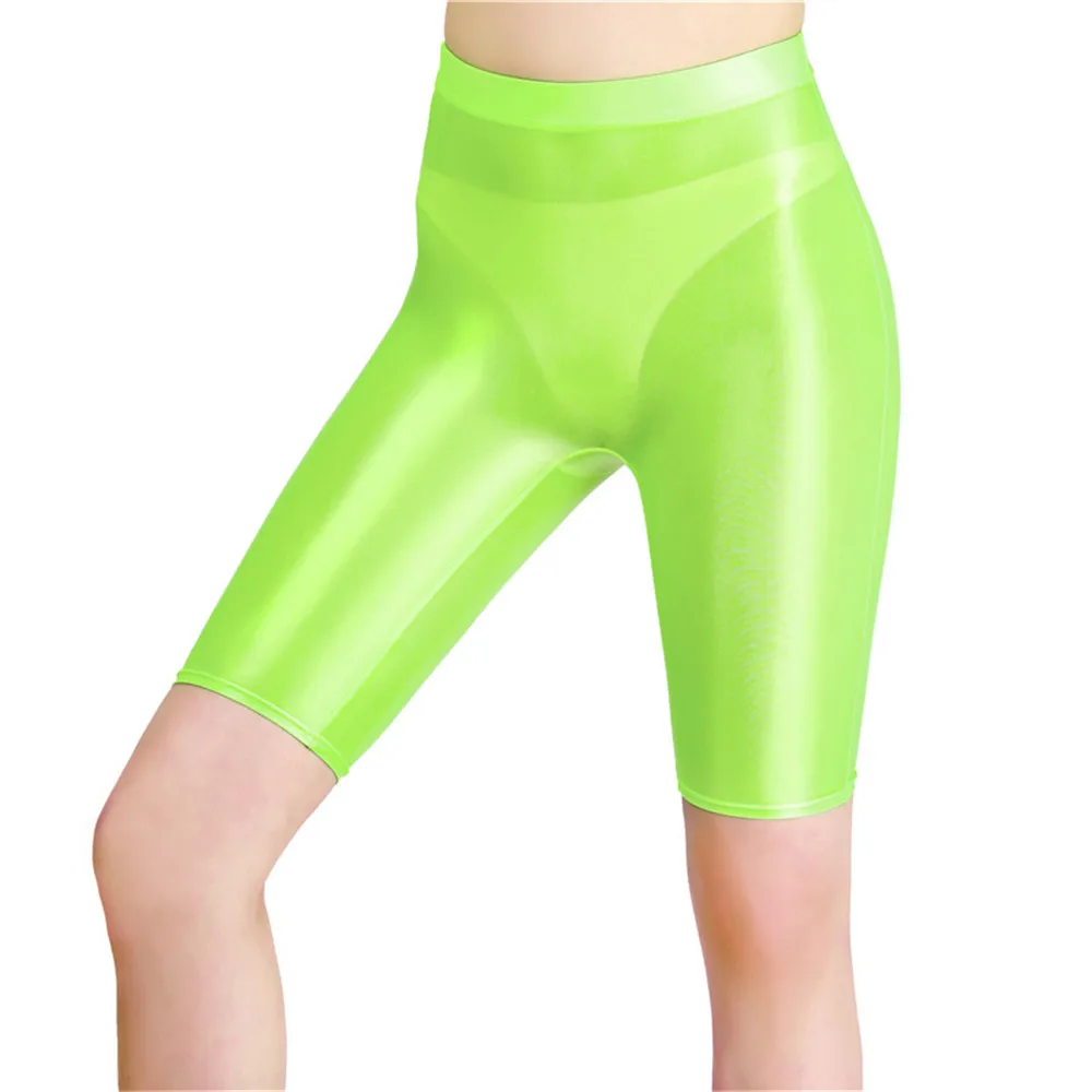 Women Oil Shiny High Waist Shorts Sheer See Through Candy Color Elastic Shorts Sexy Tight Slim Knee-Length Bottoms Dance Wear