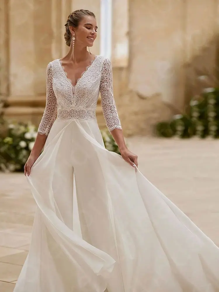 Customized New Unique Wedding Dresses Jumpsuit Bridal Gowns Pants Suite Lace Bride Dresses 3/4 Sleeves Wedding Gowns V Neckline image 5