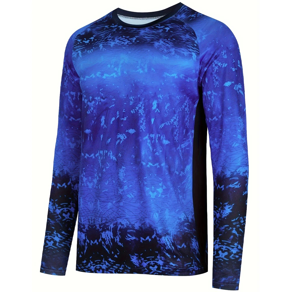Men Blue Black Ocean Camo Gradient Long Sleeve Fishing Shirts Raglan Quick Dry Outdoor Surf Rash Guard Tops