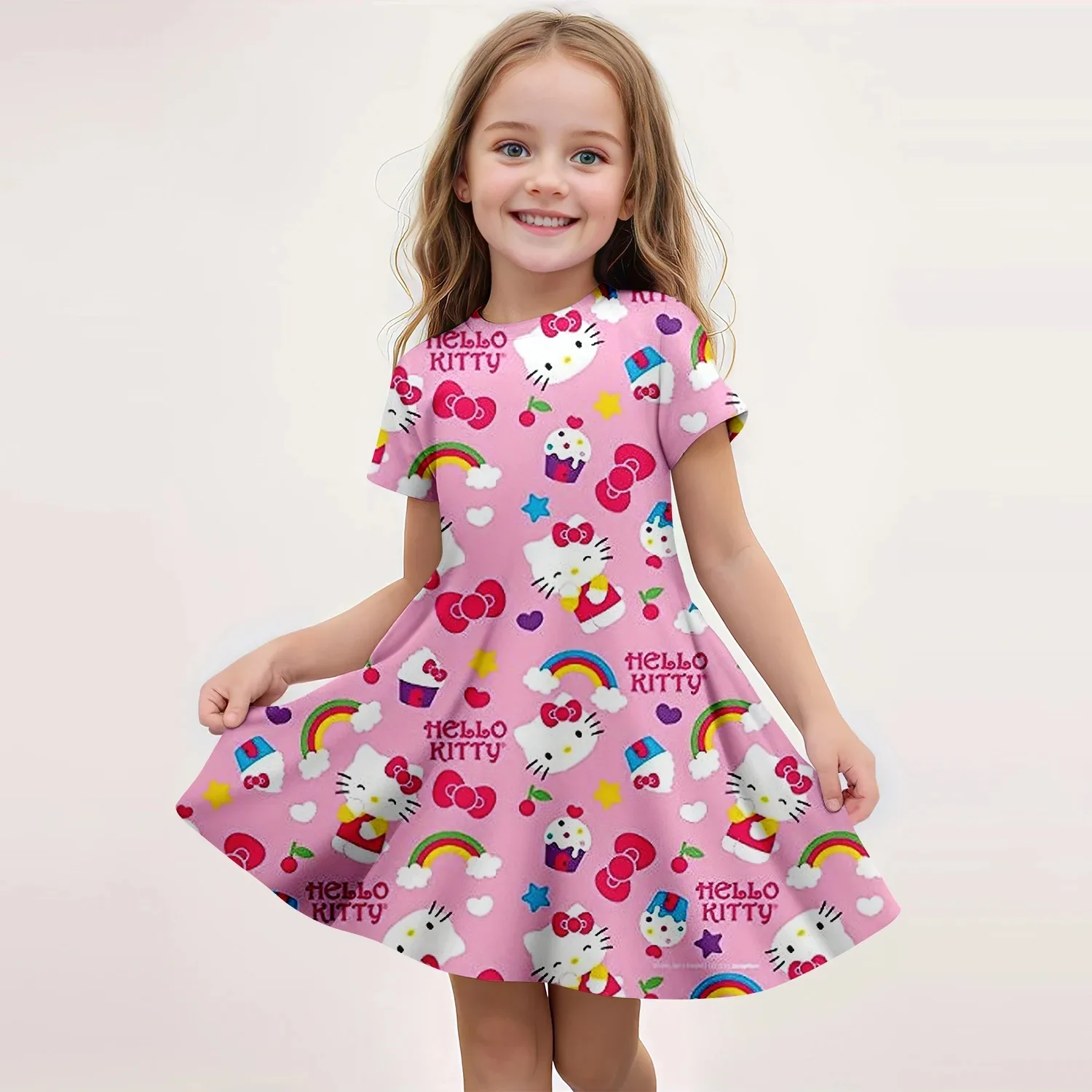 Summer New Girls Short-Sleeved Dress Hello Kitty 3D Printed Children's Fishtail Skirt Casual Fashion Princess Dress 3-14year Old