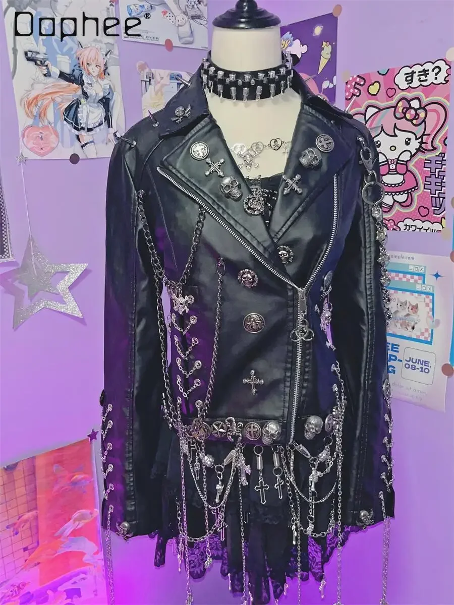 Punk Stil Y2K Spice Girl Subkultur Kette Revers PU Leder Jacke Schwere Industrie Metall Niet Zipper Kurze Lokomotive Mantel Frauen