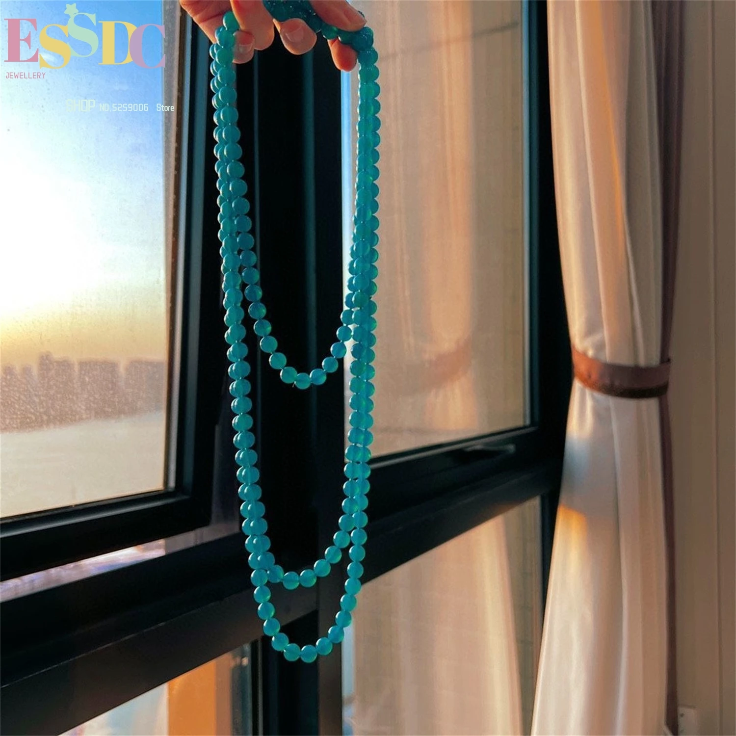 

Длинное ожерелье из синего халцедона 180 см, многослойный лариат из натурального камня, завязанные бусинами, женские модные ювелирные изделия, подарок, универсальный